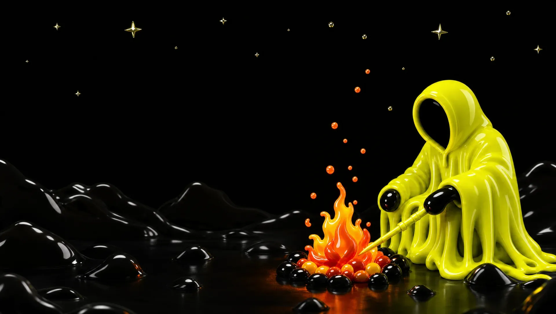 Hooded figure feeding a fire on a black landscape