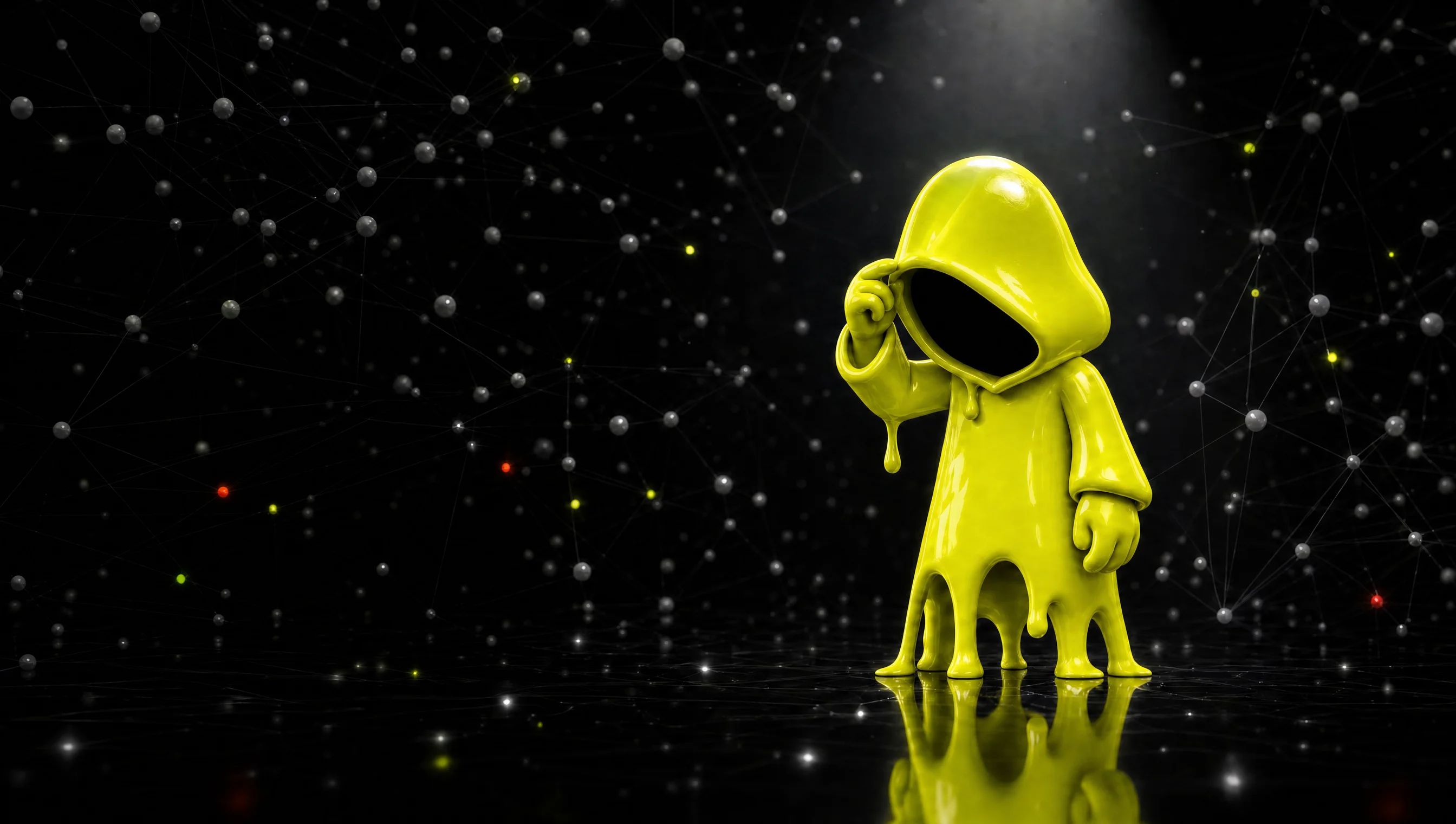 Lime hooded figure lifting its hood, standing in a lit social graph