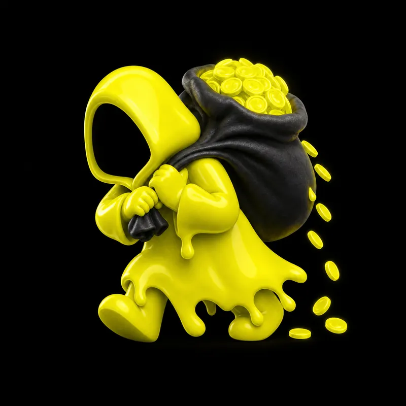 Hooded figure carrying a sack of coins